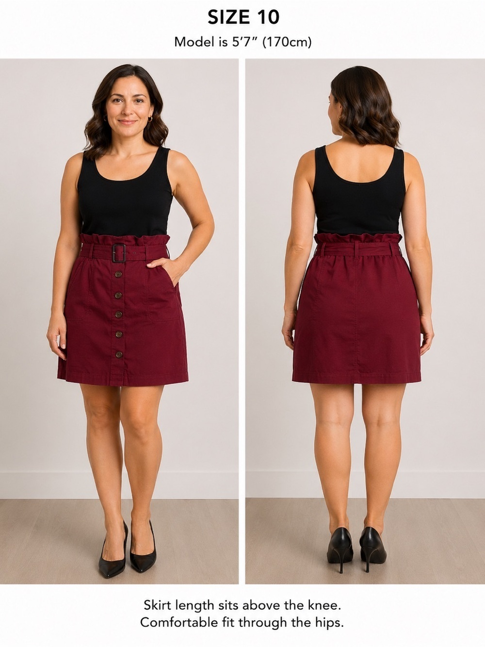 Banana Republic Burgundy Linen Blend Paper Bag Belted Button Front Skirt 10
